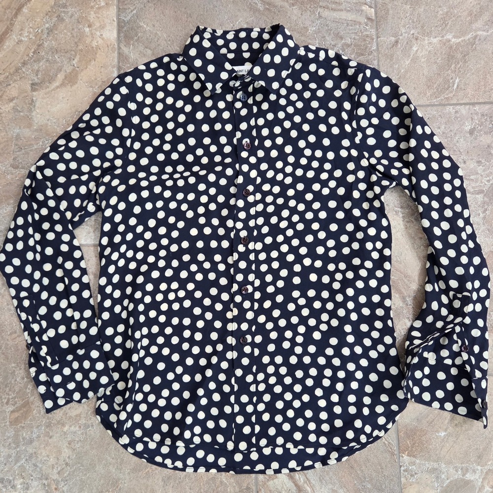 Saint Laurent Paris Silk Polka Dot Button Down Shirt Navy White F36 2019 XS